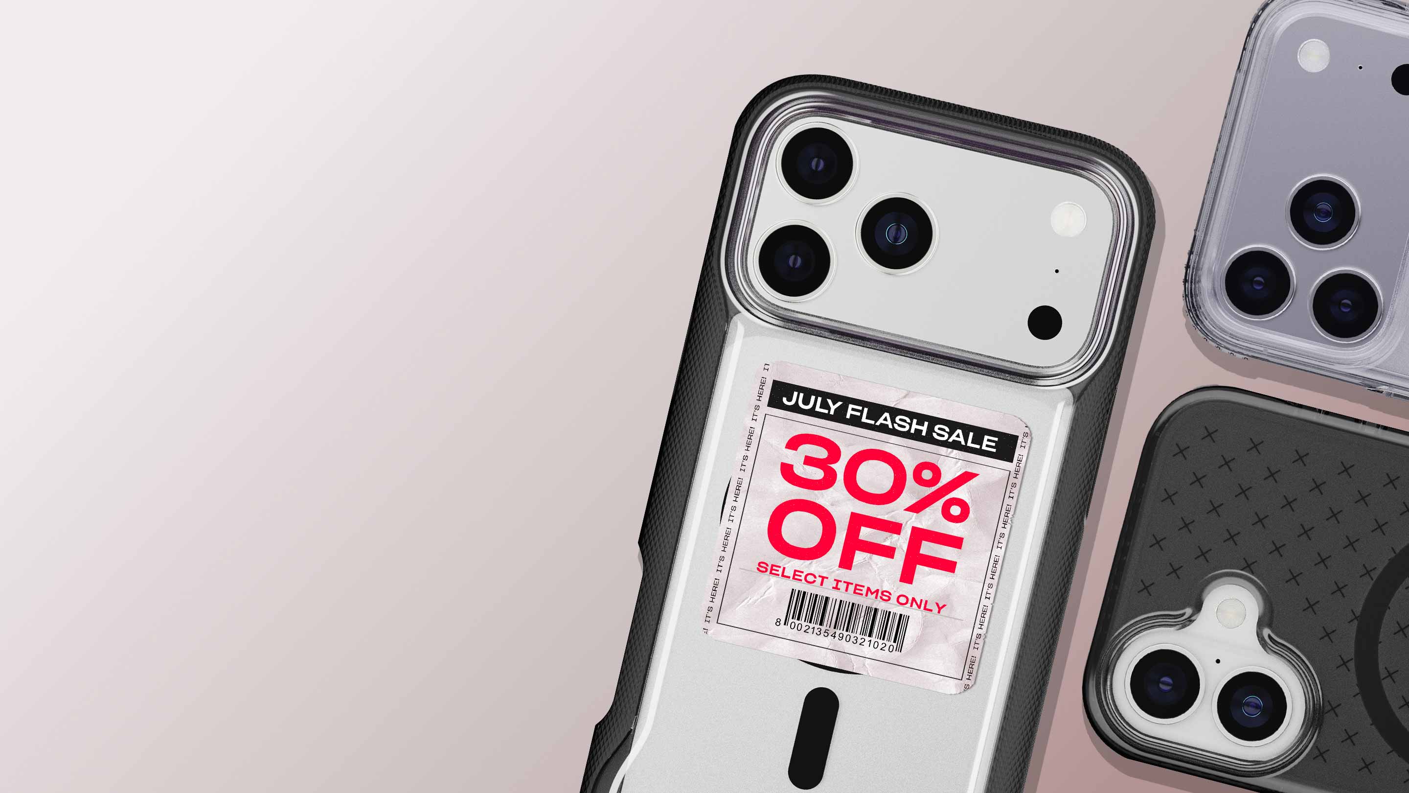 Various iPhones lay face down in Tech21 cases, one with a sticker that reads July Flash Sale - 30% OFF Select Items Only