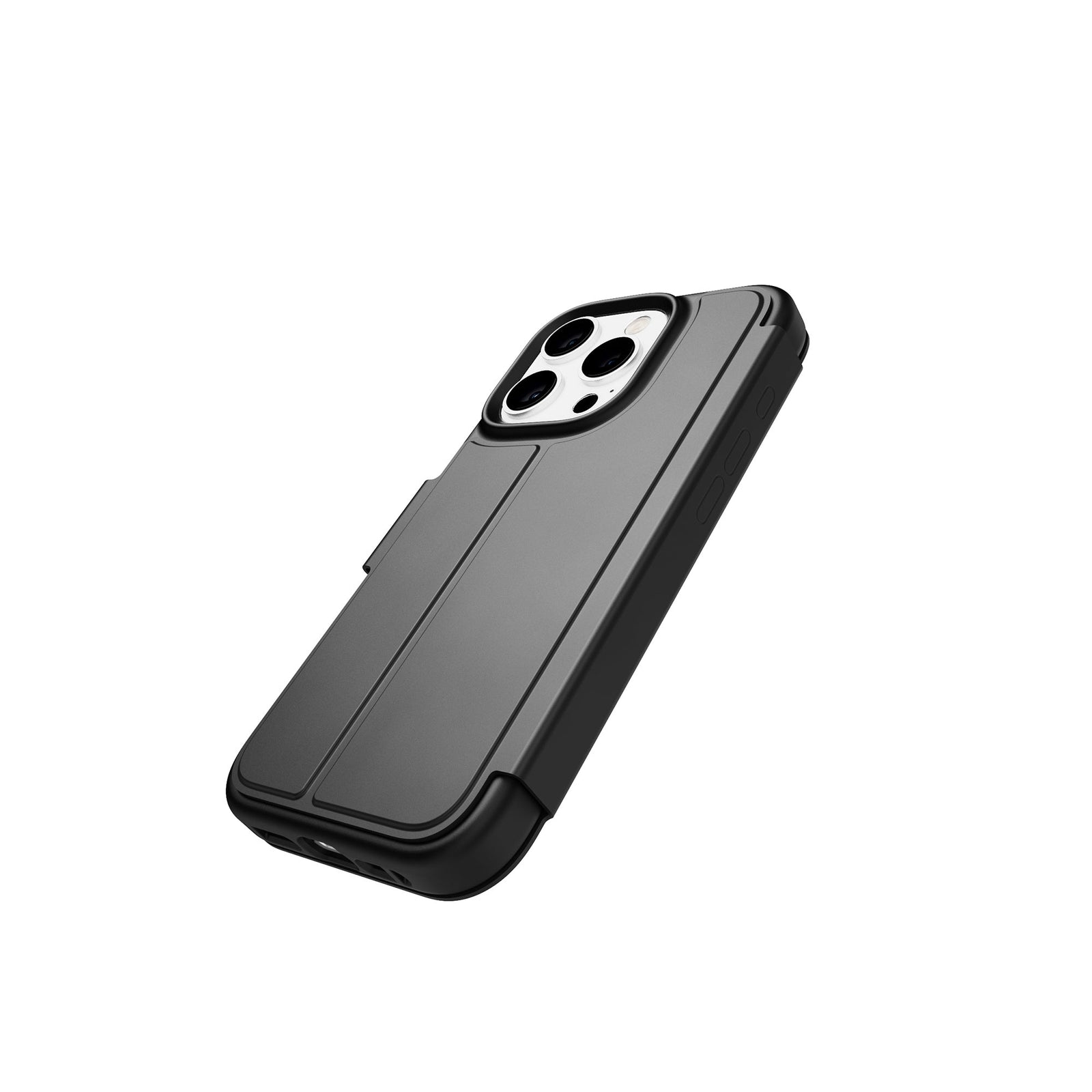 Tilted three-quarter tilted view of back of phone case with phone inside and folio closed#color_black