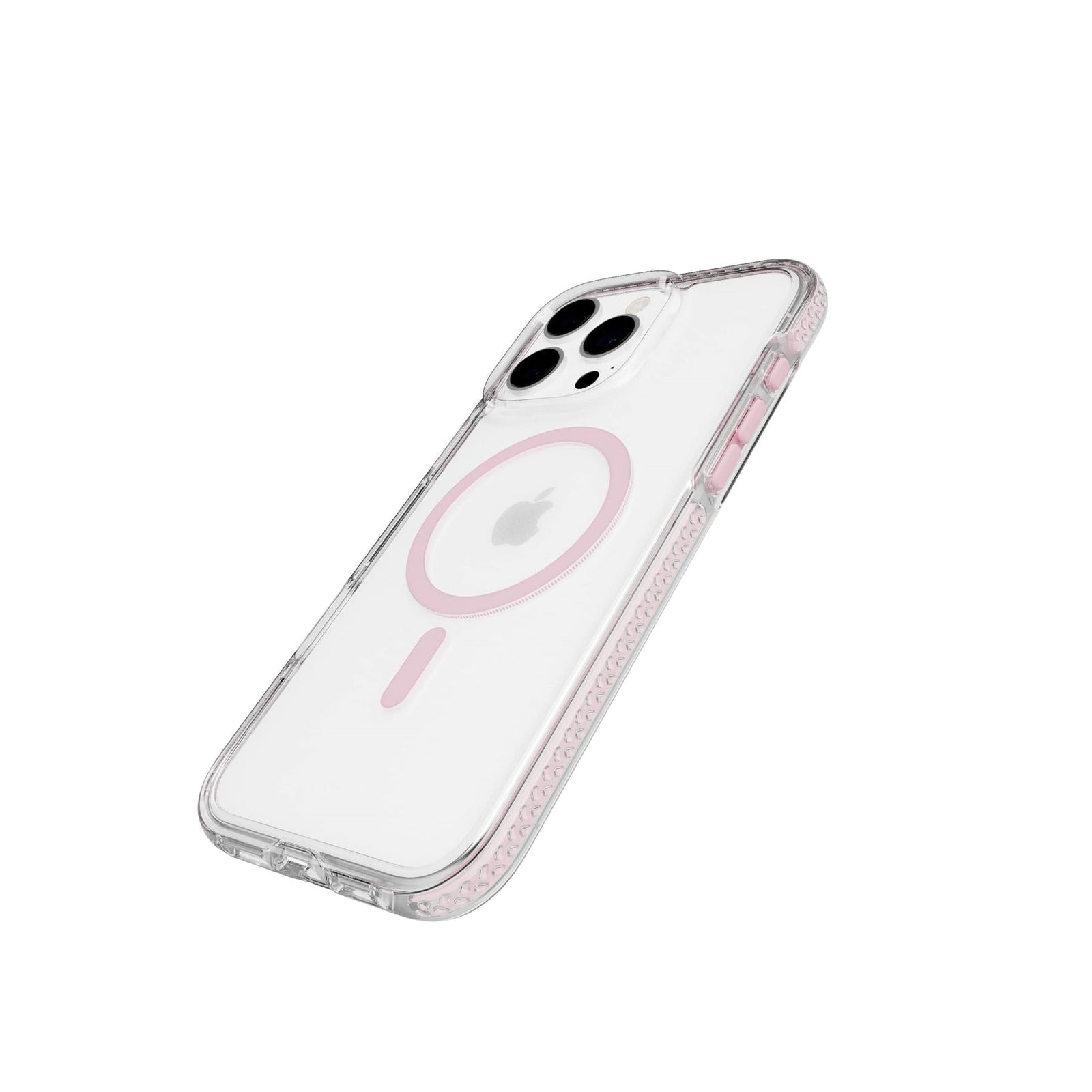 Tilted three-quarter tilted view of back of phone case with phone inside#color_clear-pink