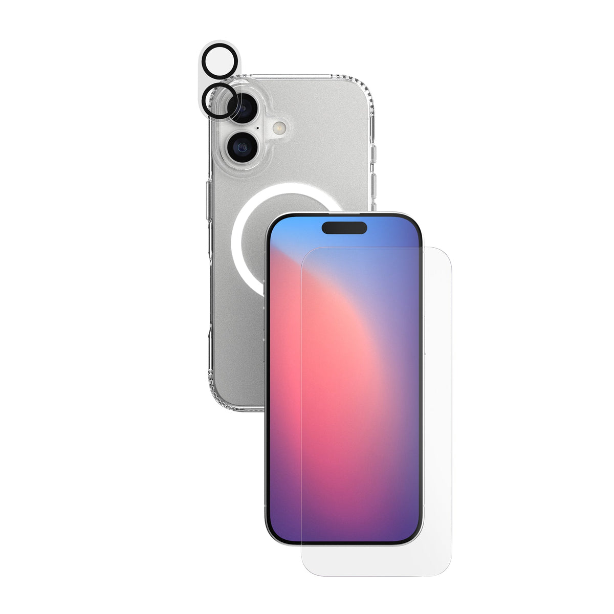A phone protection bundle is shown from straight on showing the back of a phone in a clear case—a camera lens protector hovering over the phone's camera—and a screen protector hovering over a separate phone with its screen facing forward#color_clear