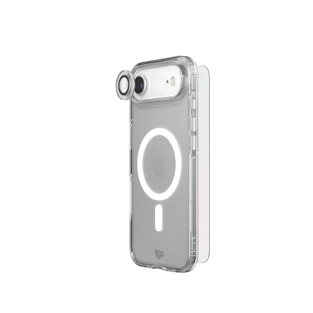 A phone protection bundle is shown from an angle with a camera lens protector hovering over the camera of a phone in a clear case; a screen protector hovers over the screen side of the phone#color_clear