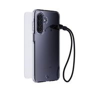 Three-quarter view of back of phone case with phone inside, screen protector hovering above screen in background, and black wrist lanyard hovering in front#color_clear