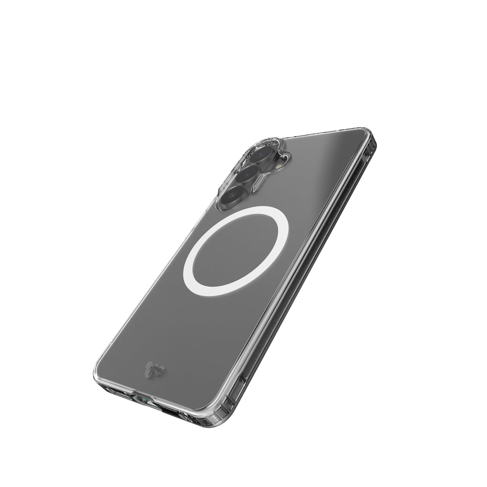 Tilted three-quarter tilted view of back of phone case with phone inside#color_clear