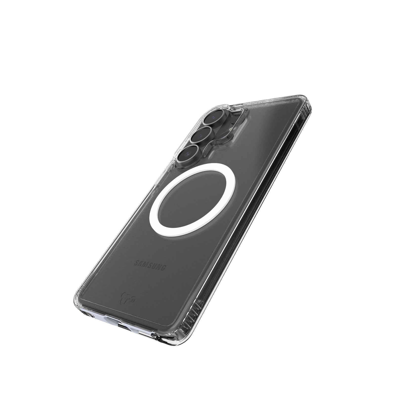 Tilted three-quarter tilted view of back of phone case with phone inside#color_clear