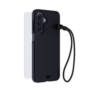 Three-quarter view of back of phone case with phone inside screen protector hovering above screen in background, and black wrist lanyard hovering in front#color_black