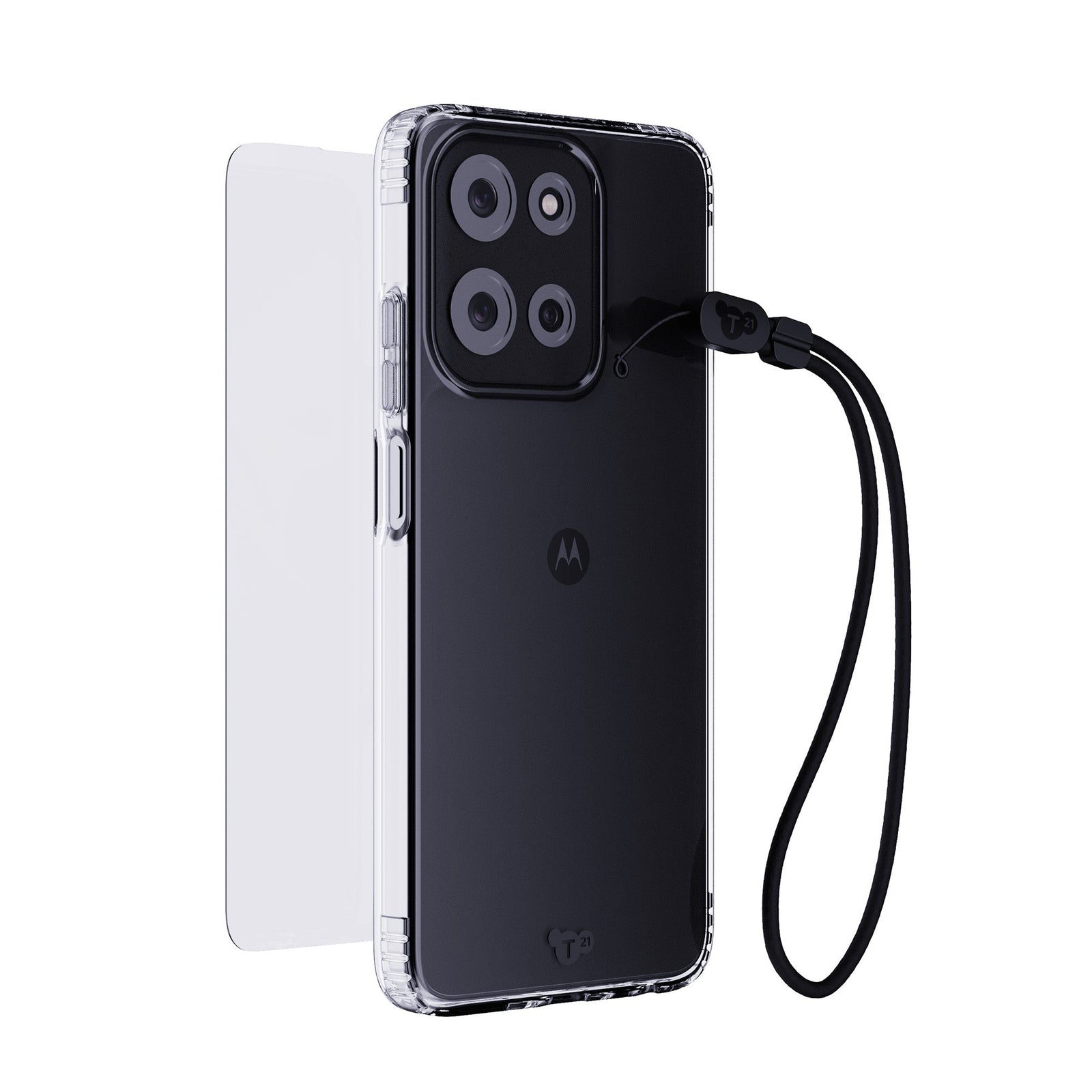 Three-quarter view of back of phone case with phone inside, screen protector hovering above screen in background, and black wrist lanyard hovering in front#color_clear