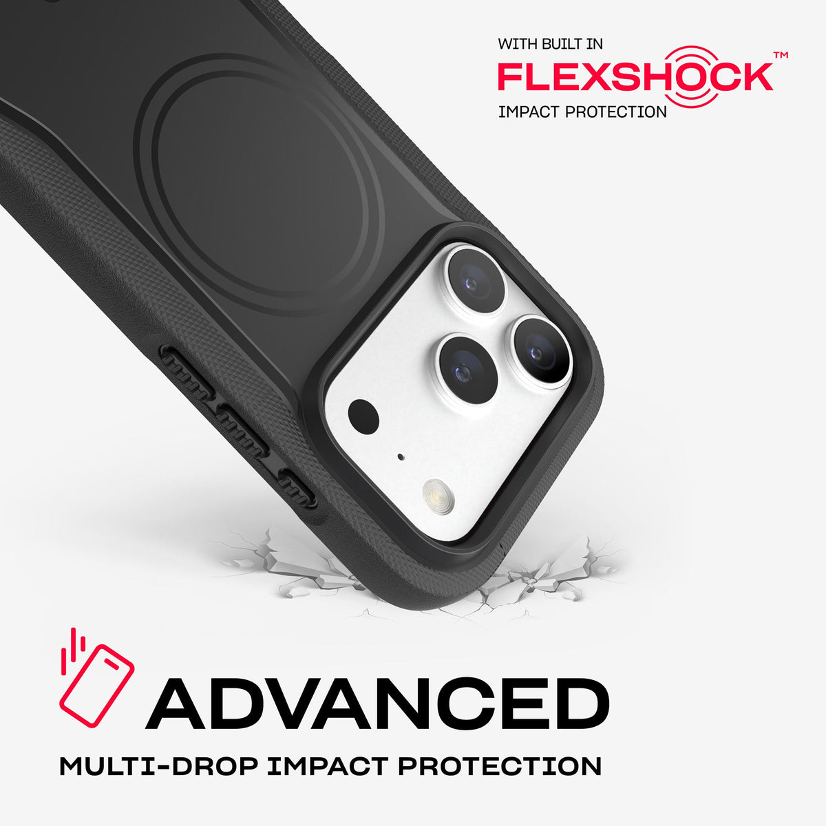 A corner of the case impacts the ground. Text reads Advanced Multi-Drop Impact Protection with built in FlexShock impact protection#color_black