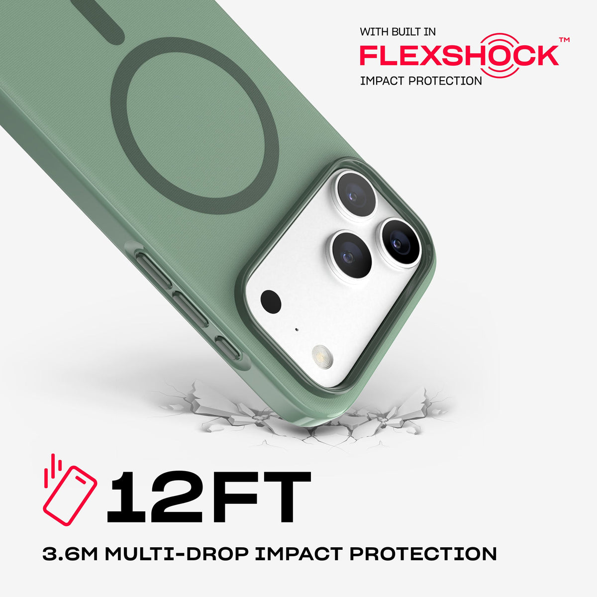 A corner of the case impacts the ground. Text reads 12-foot (3.6 meter) Multi-Drop Impact Protection with built in FlexShock impact protection#color_hunter