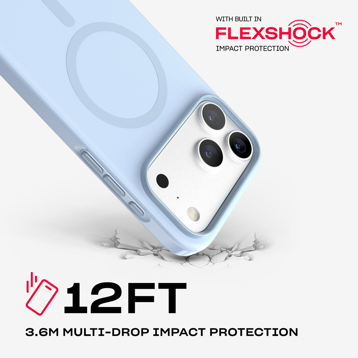 A corner of the case impacts the ground. Text reads 12-foot (3.6 meter) Multi-Drop Impact Protection with built in FlexShock impact protection#color_sable
