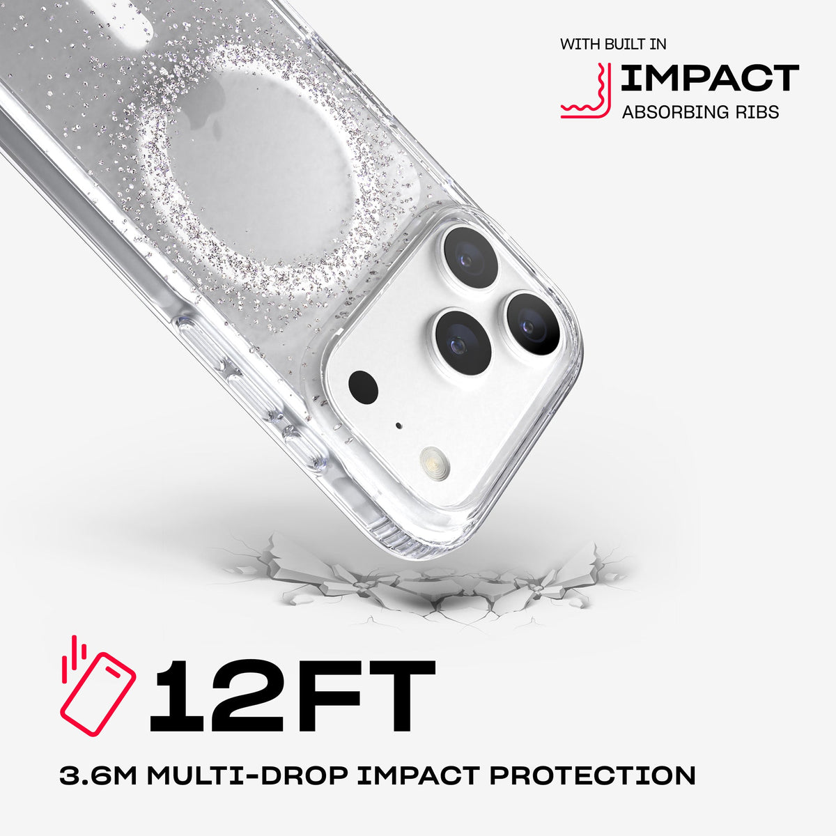A corner of the case impacts the ground. Text reads 12-foot (3.6 meter) Multi-Drop Impact Protection with built in impact absorbing ribs#color_focus