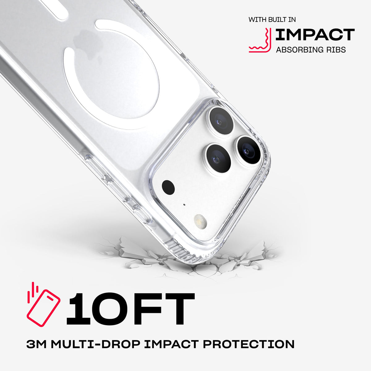 A corner of the case impacts the ground. Text reads 10-foot (3 meter) Multi-Drop Impact Protection with built in impact absorbing ribs#color_clear