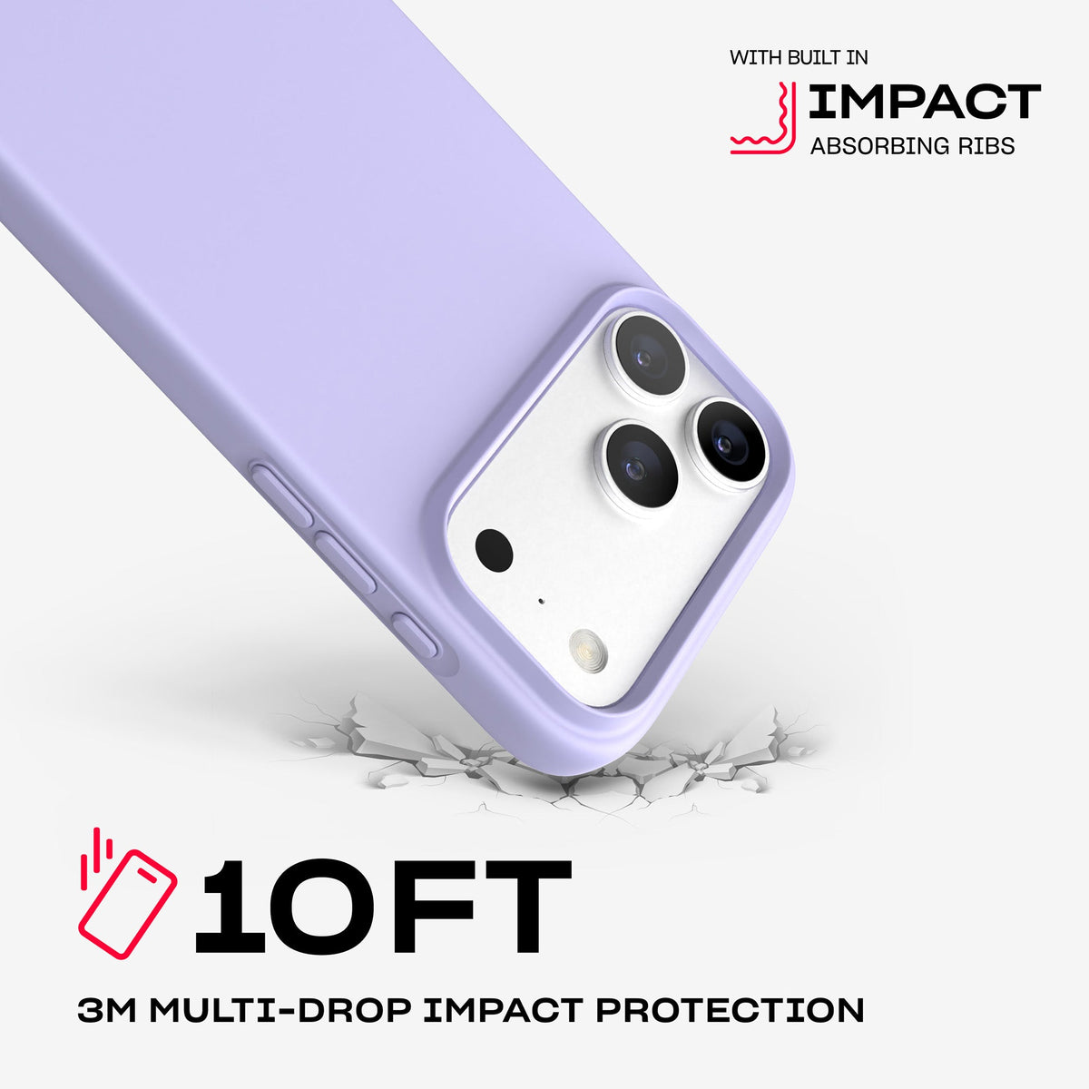 A corner of the case impacts the ground. Text reads 10-foot (3 meter) Multi-Drop Impact Protection with built in impact absorbing ribs#color_lilac