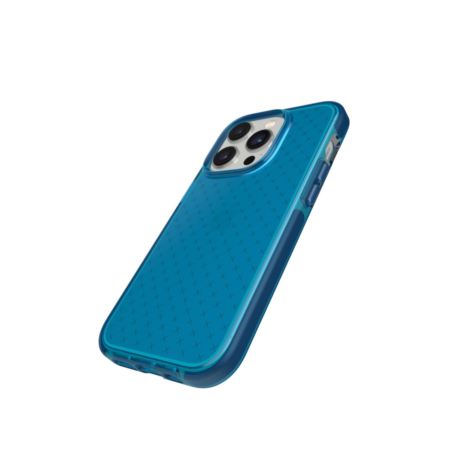 Tilted three-quarter tilted view of back of phone case with phone inside#color_classic blue tint