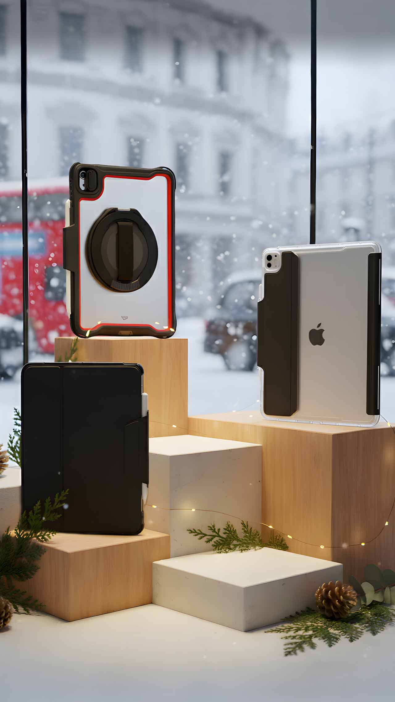 iPads in Tech21 cases stand on wood pedestals in a store window looking out to a snowy street