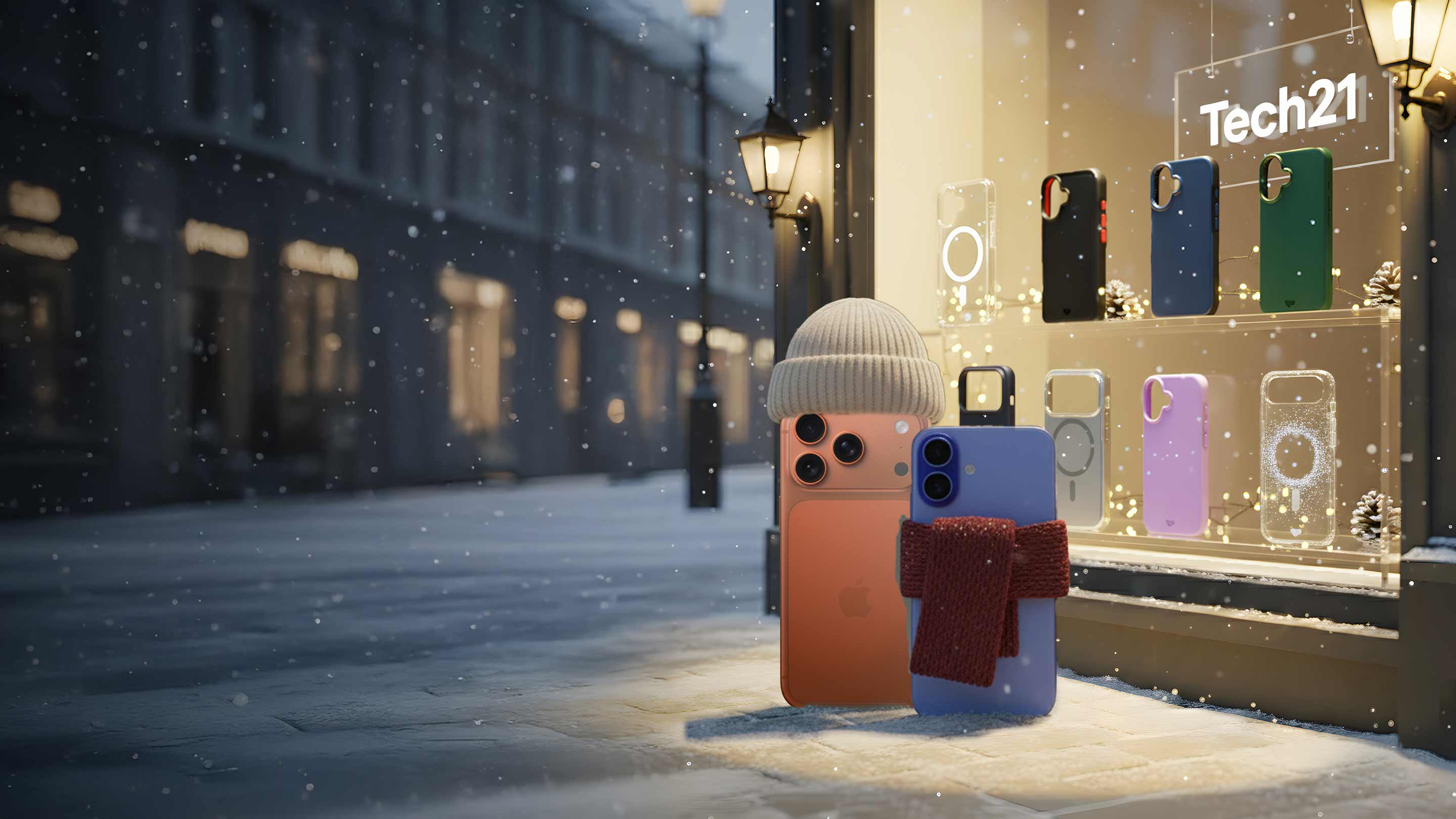 Two iPhone 17's stand bundled up in knit hat and scarf out in the snow on a street corner looking into a store window with Tech21 cases. Text in the window reads Tech21.