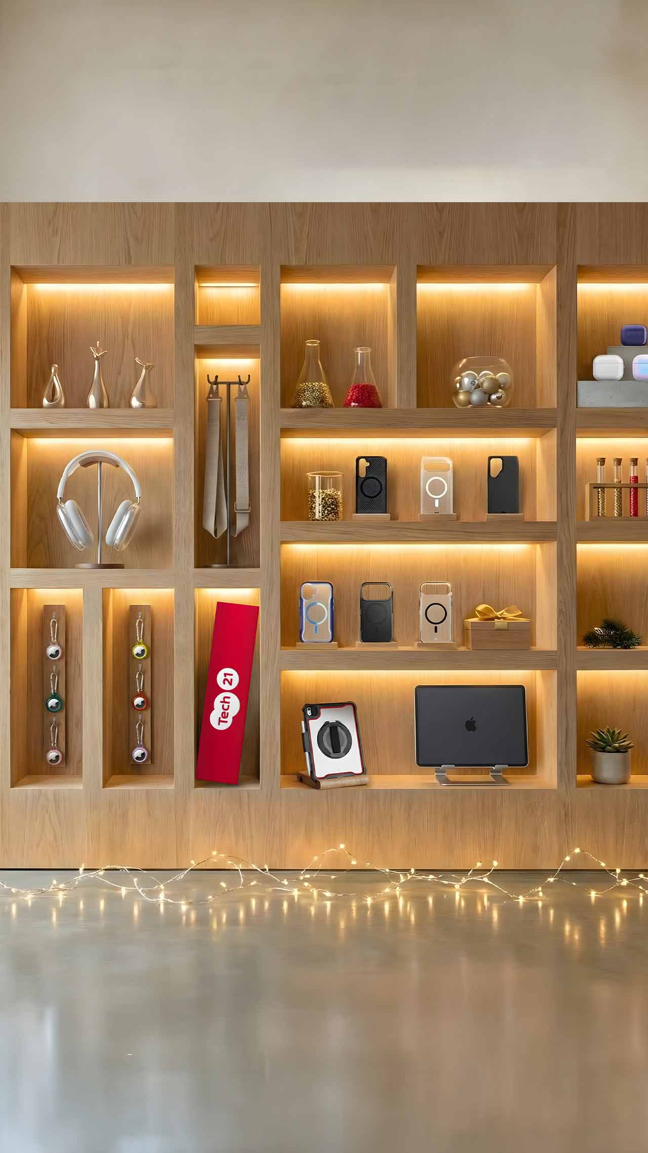 Various Tech21 products for iPhones, iPads, AirPods, and AirTag sit on lighted wood shelves with white Christmas lights on the floor