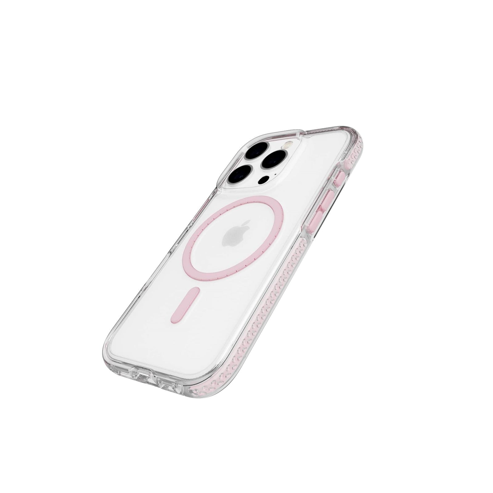 Tilted three-quarter tilted view of back of phone case with phone inside#color_clear-pink