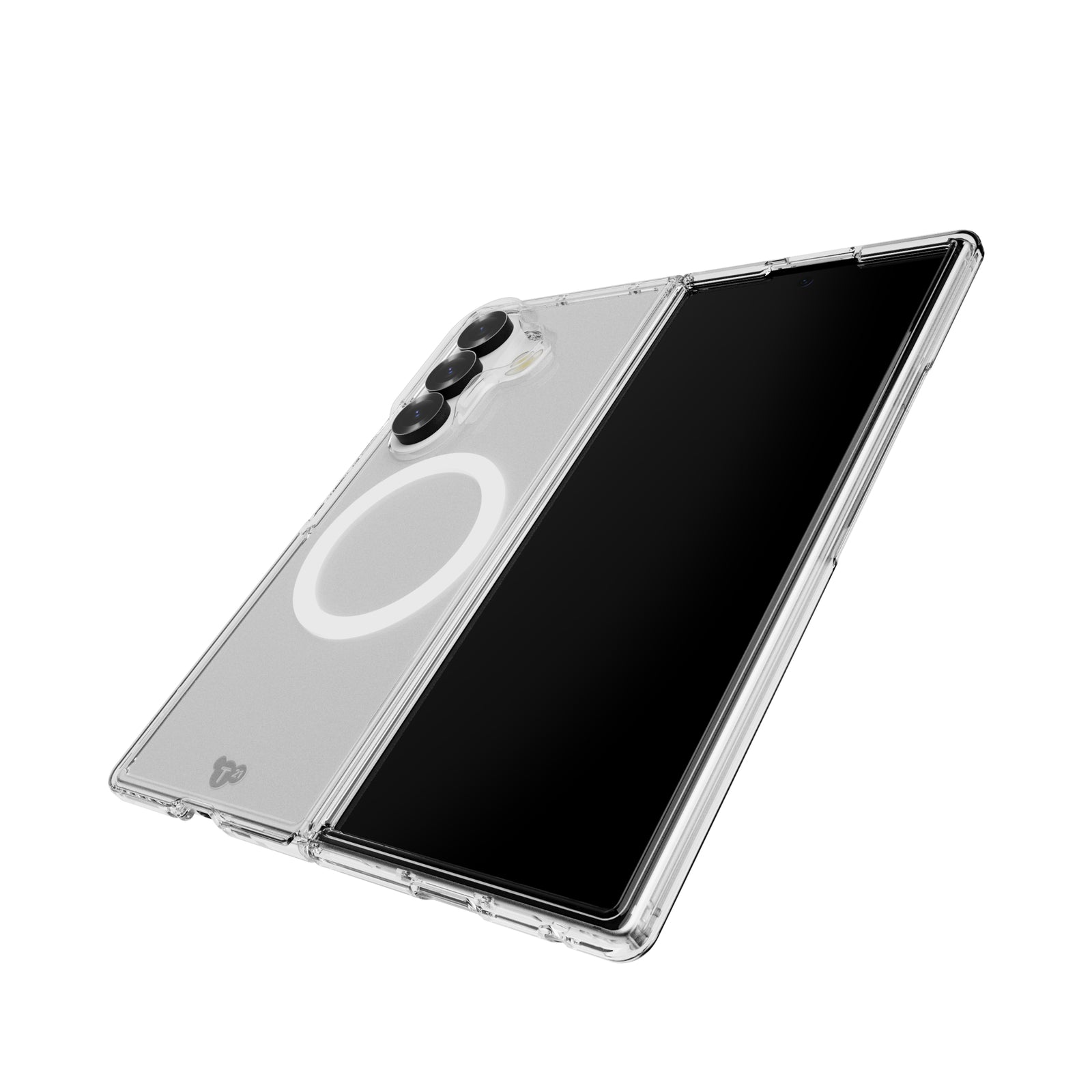 Tilted three-quarter tilted view of back of phone case with phone inside#color_clear