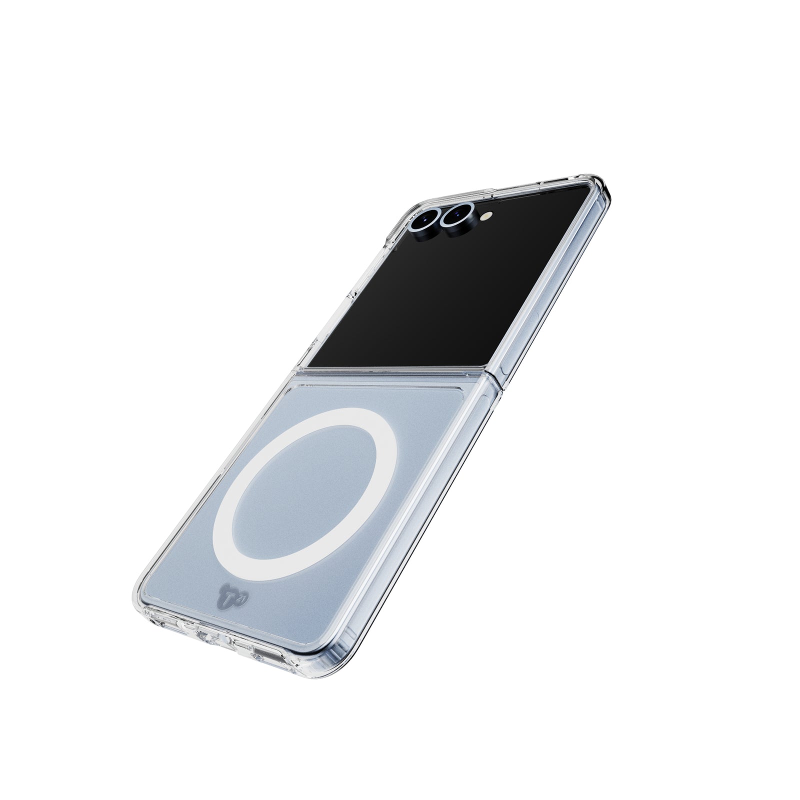 Tilted three-quarter tilted view of back of phone case with phone inside#color_clear