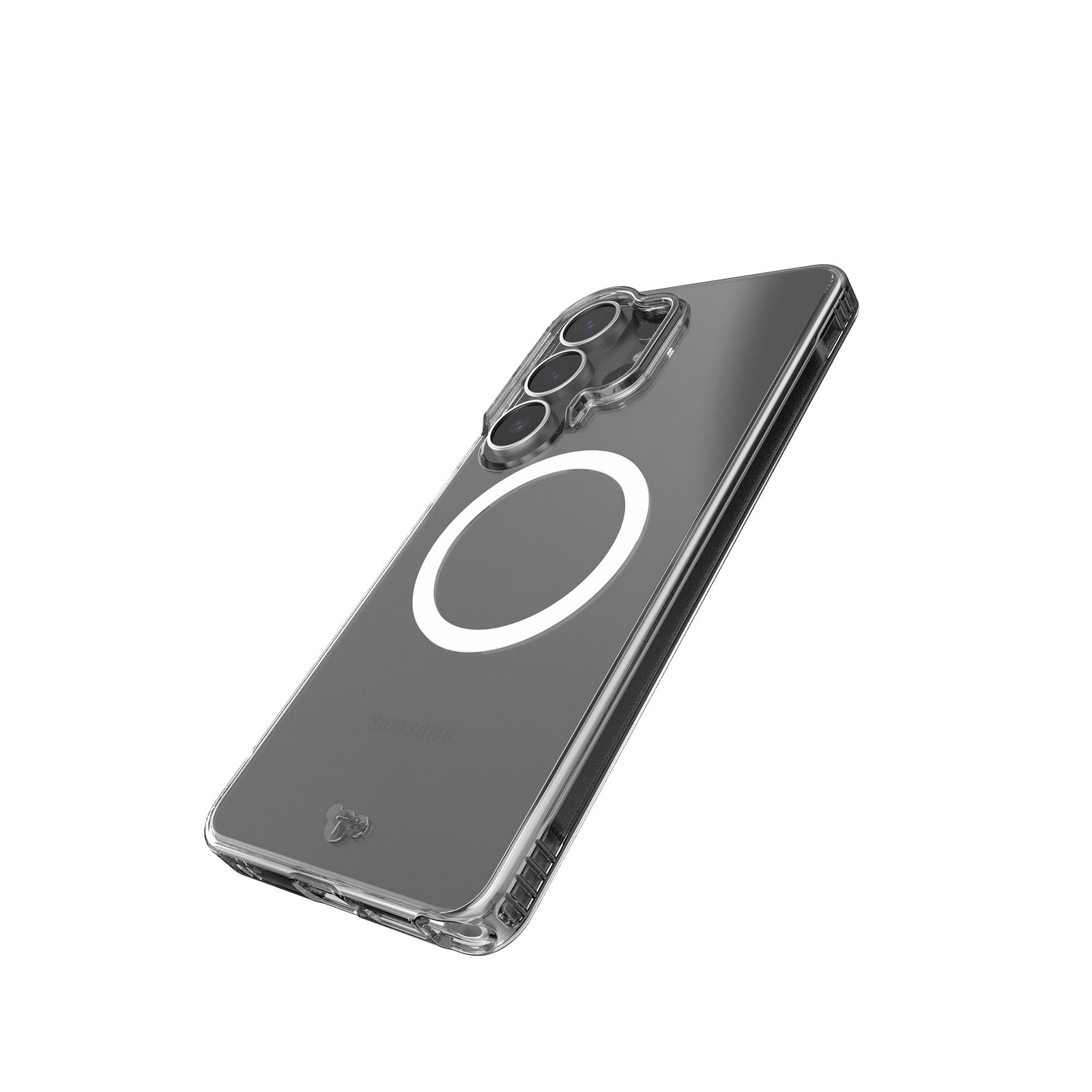 Tilted three-quarter tilted view of back of phone case with phone inside#color_clear