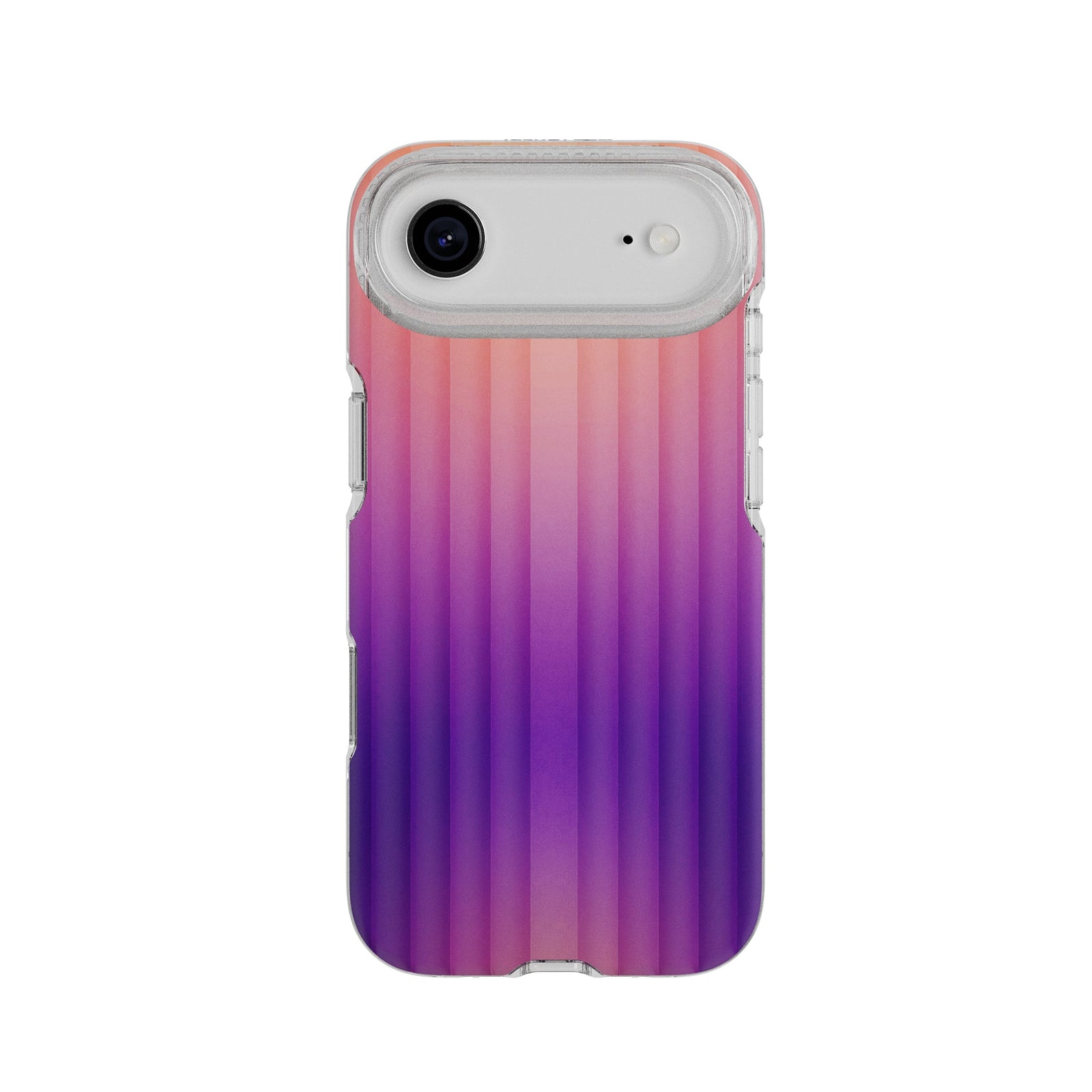View of the back of the phone case from straight on with phone inside#color_ombre-purple-pink