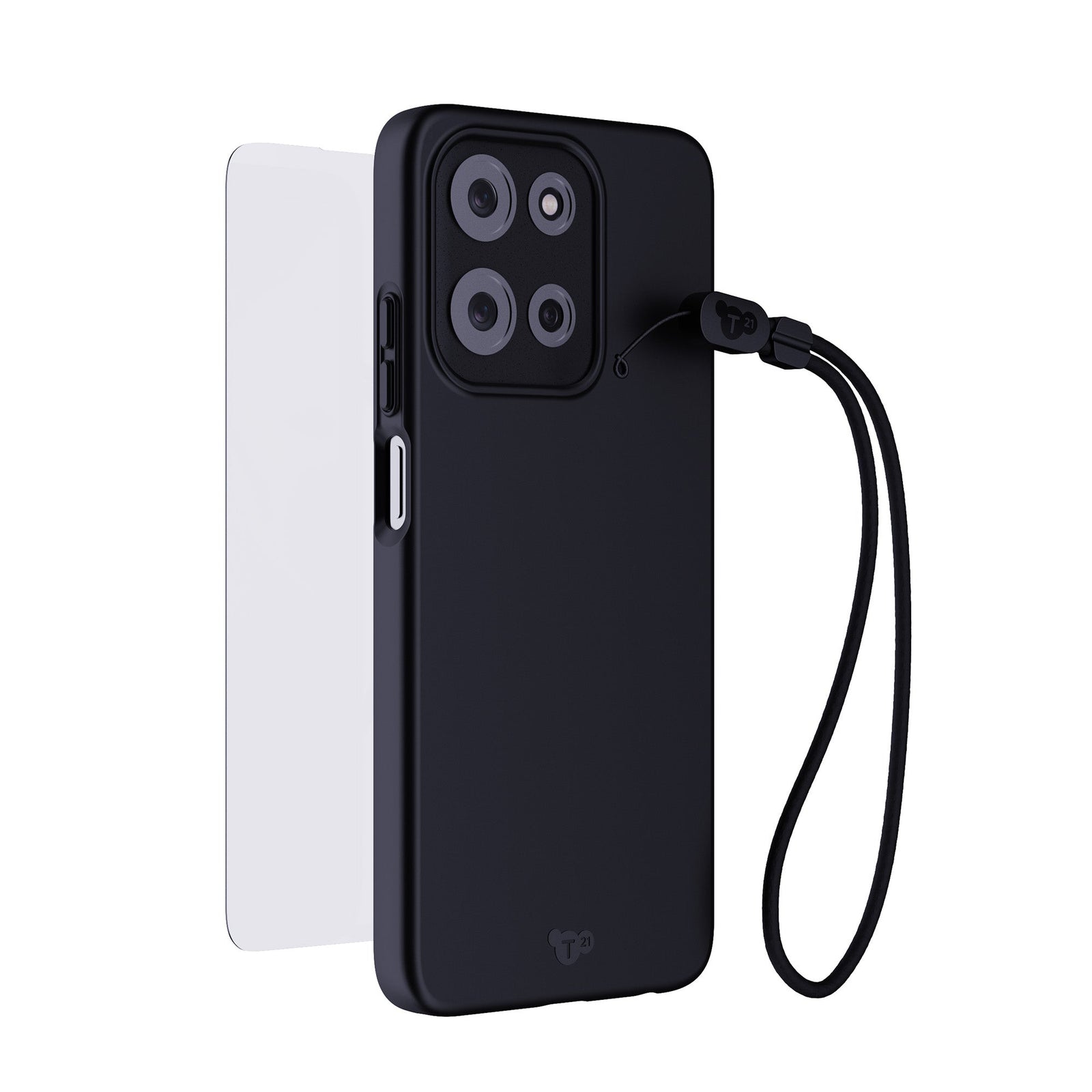 Three-quarter view of back of phone case with phone inside, screen protector hovering above screen in background, and black wrist lanyard hovering in front#color_black