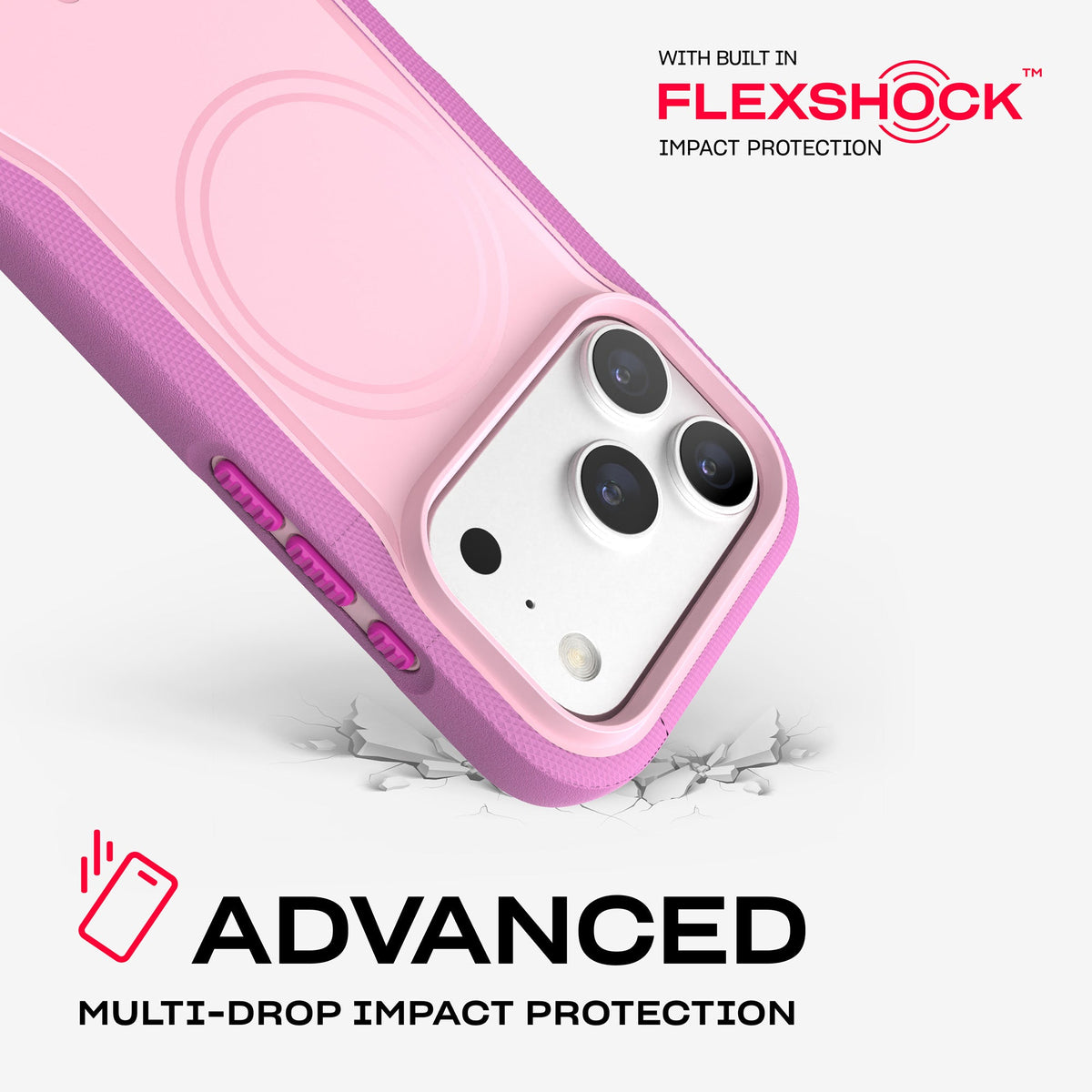 A corner of the case impacts the ground. Text reads Advanced Multi-Drop Impact Protection with built in FlexShock impact protection#color_orchid