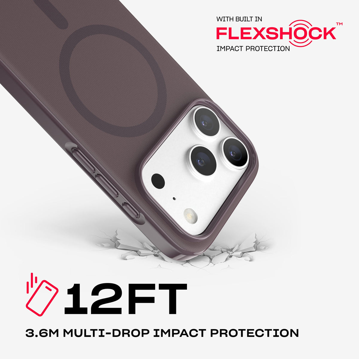 A corner of the case impacts the ground. Text reads 12-foot (3.6 meter) Multi-Drop Impact Protection with built in FlexShock impact protection#color_cherry