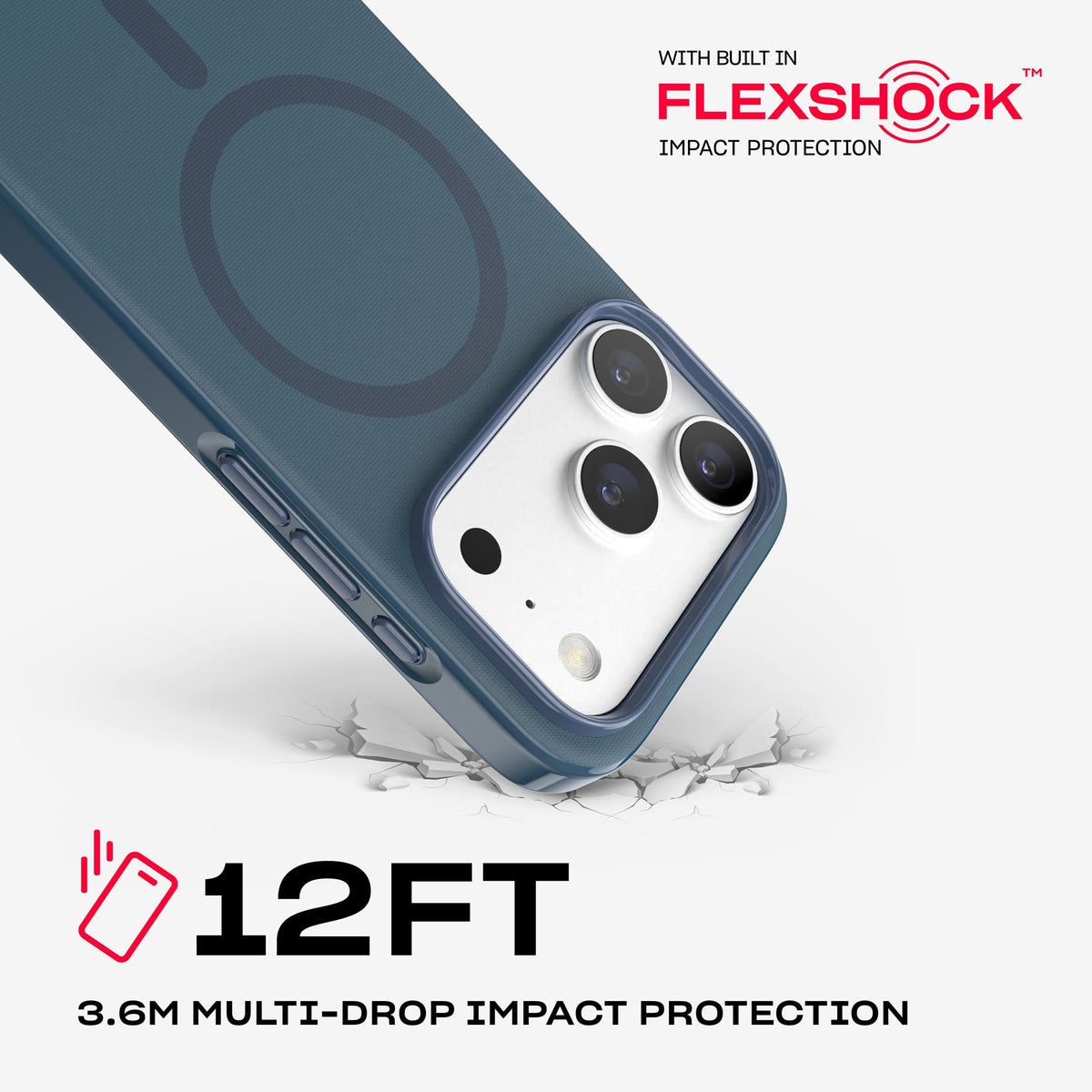 A corner of the case impacts the ground. Text reads 12-foot (3.6 meter) Multi-Drop Impact Protection with built in FlexShock impact protection#color_deep-sea