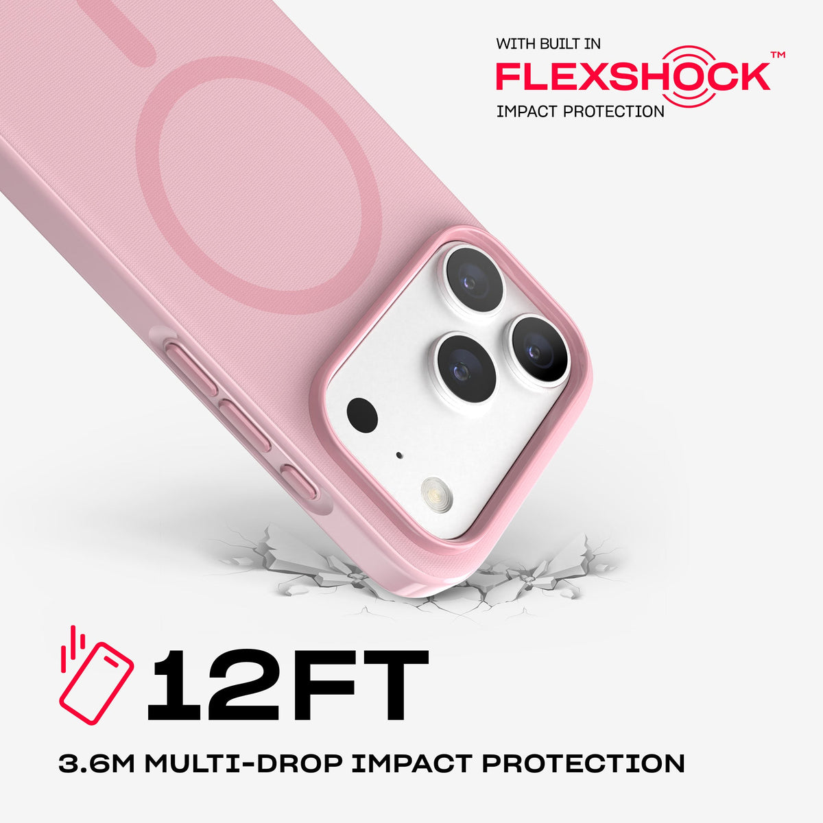 A corner of the case impacts the ground. Text reads 12-foot (3.6 meter) Multi-Drop Impact Protection with built in FlexShock impact protection#color_quiet-blush