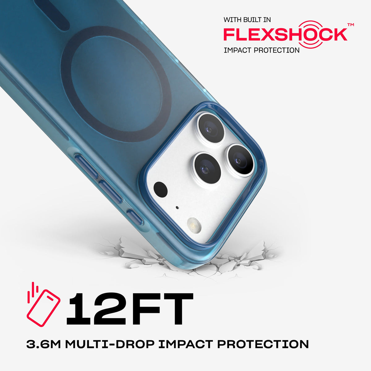A corner of the case impacts the ground. Text reads 12-foot (3.6 meter) Multi-Drop Impact Protection with built in FlexShock impact protection#color_deep-sea