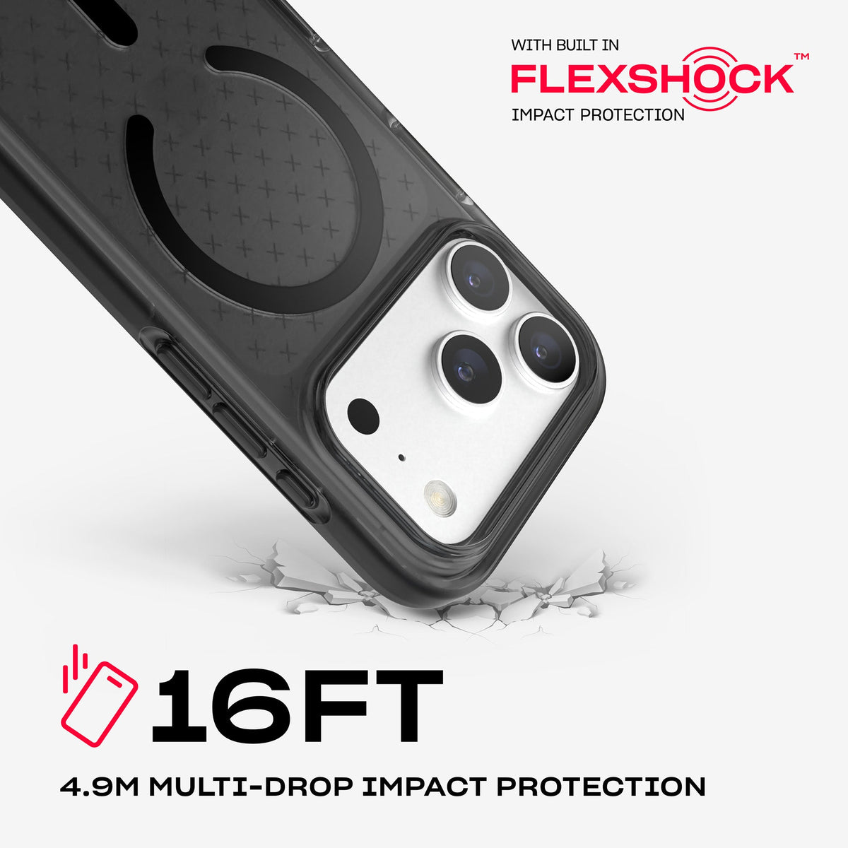 A corner of the case impacts the ground. Text reads 16-foot (4.9 meter) Multi-Drop Impact Protection with built in FlexShock impact protection#color_smokey-black