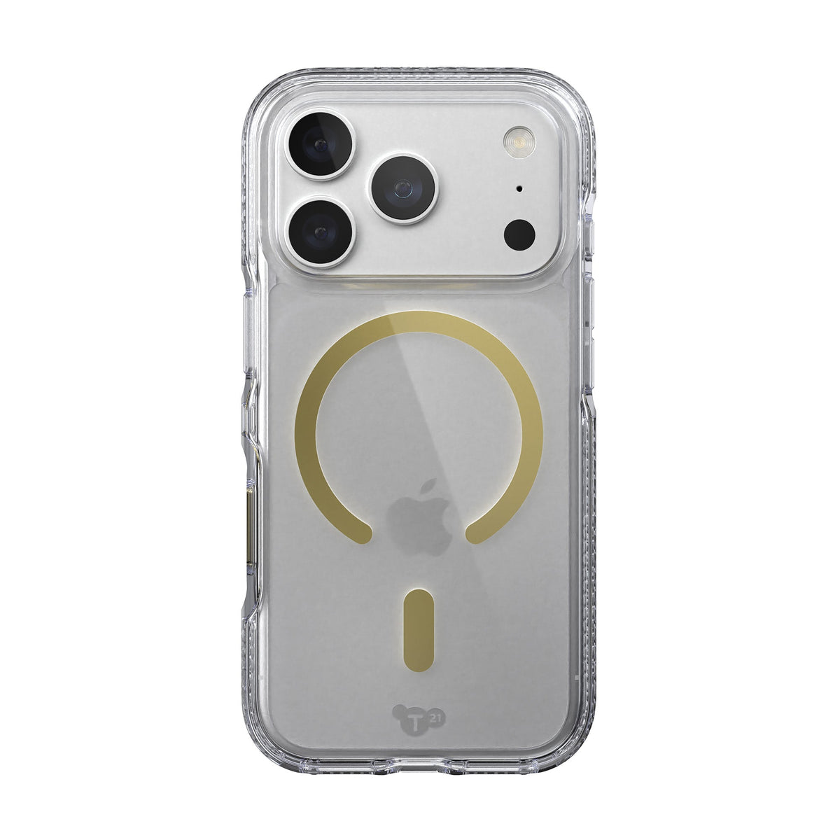 View of the back of the phone case from straight on with phone inside#color_clear-gold