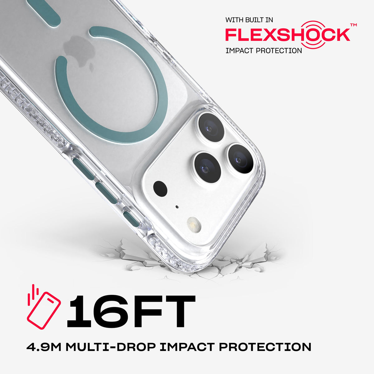 A corner of the case impacts the ground. Text reads 16-foot (4.9 meter) Multi-Drop Impact Protection with built in FlexShock impact protection#color_clear-emerald-dust