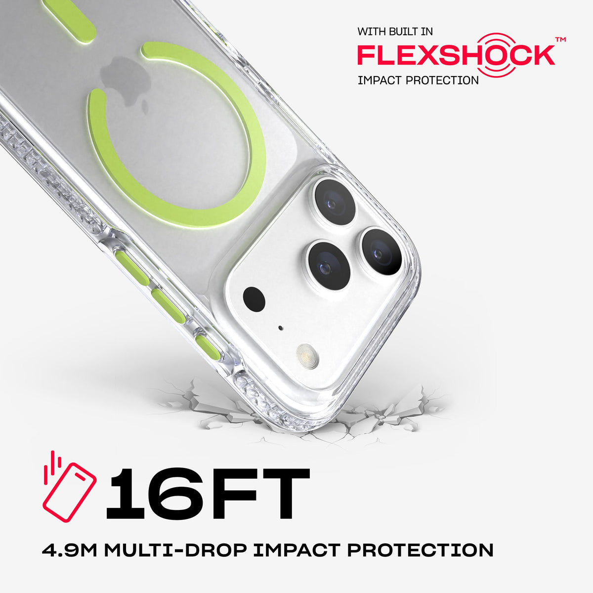 A corner of the case impacts the ground. Text reads 16-foot (4.9 meter) Multi-Drop Impact Protection with built in FlexShock impact protection#color_clear-neon-(glow-in-the-dark)
