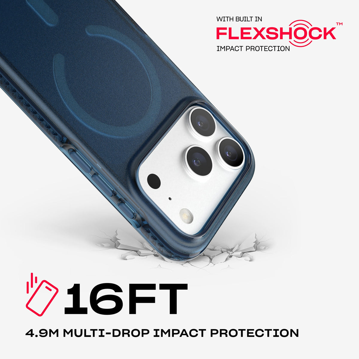 A corner of the case impacts the ground. Text reads 16-foot (4.9 meter) Multi-Drop Impact Protection with built in FlexShock impact protection#color_deep-sea-tint