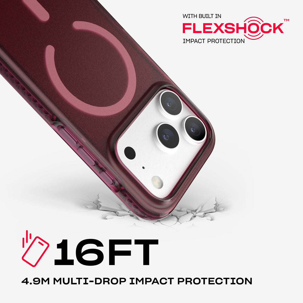 A corner of the case impacts the ground. Text reads 16-foot (4.9 meter) Multi-Drop Impact Protection with built in FlexShock impact protection#color_cherry-tint