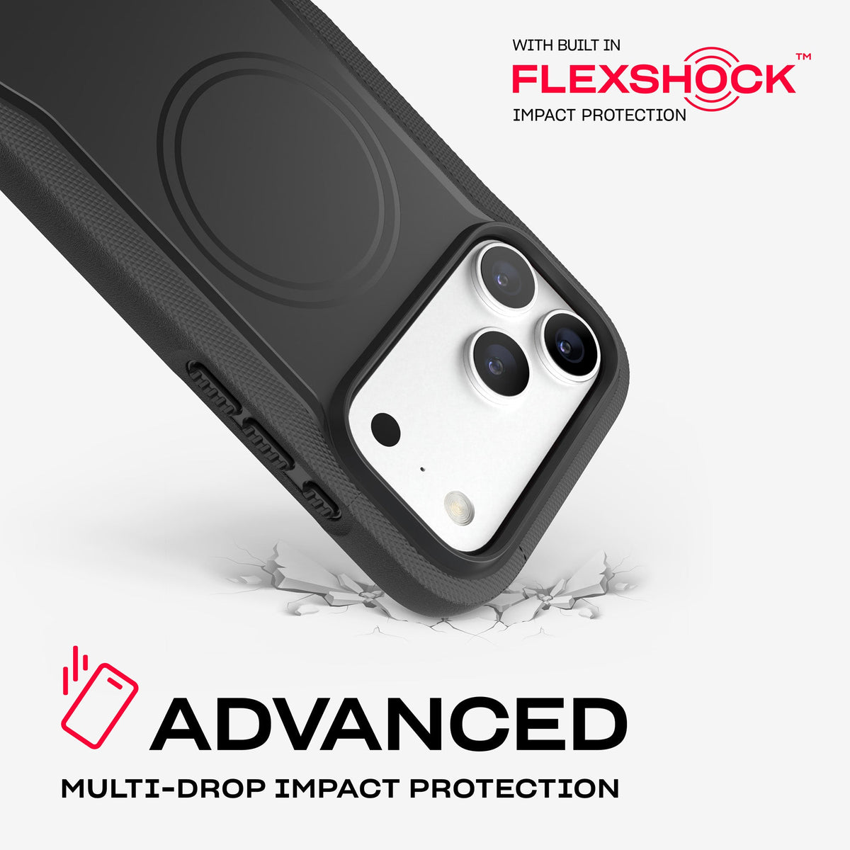A corner of the case impacts the ground. Text reads Advanced Multi-Drop Impact Protection with built in FlexShock impact protection#color_black
