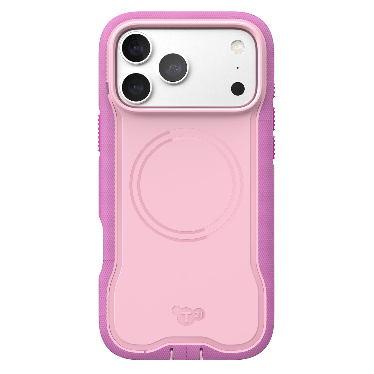 View of the back of the phone case from straight on with phone inside#color_orchid