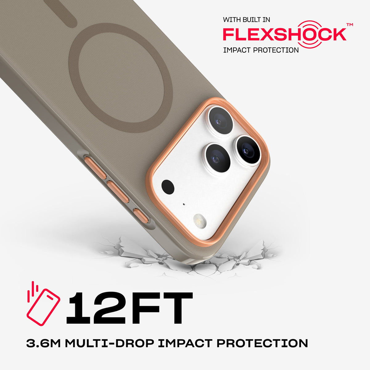 A corner of the case impacts the ground. Text reads 12-foot (3.6 meter) Multi-Drop Impact Protection with built in FlexShock impact protection#color_espresso