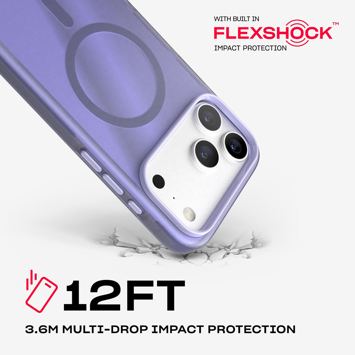 A corner of the case impacts the ground. Text reads 12-foot (3.6 meter) Multi-Drop Impact Protection with built in FlexShock impact protection#color_lilac