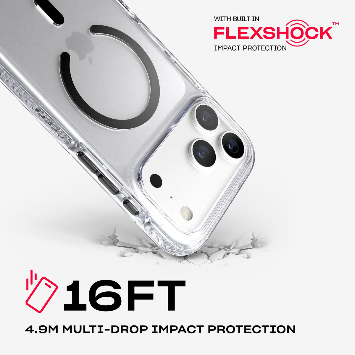 A corner of the case impacts the ground. Text reads 16-foot (4.9 meter) Multi-Drop Impact Protection with built in FlexShock impact protection#color_clear-black