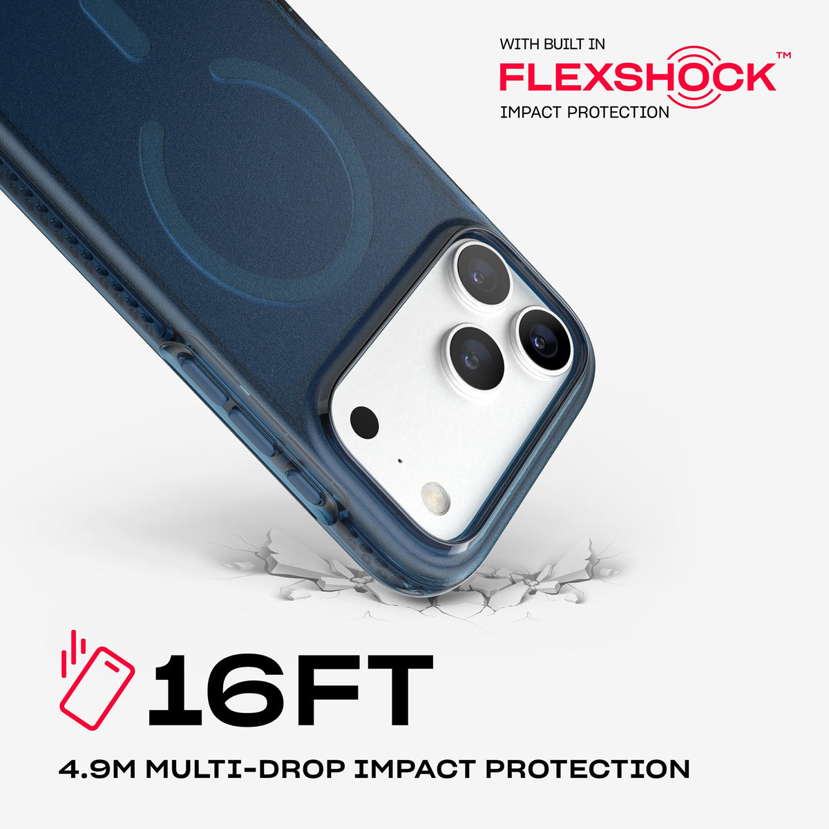 A corner of the case impacts the ground. Text reads 16-foot (4.9 meter) Multi-Drop Impact Protection with built in FlexShock impact protection#color_deep-sea-tint