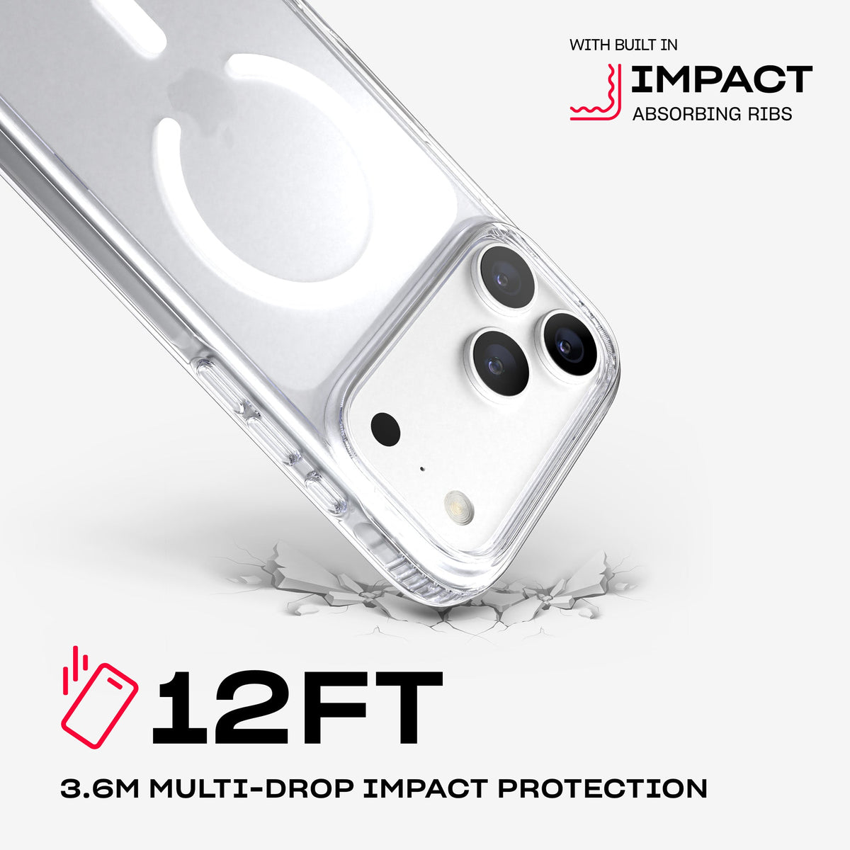 A corner of the case impacts the ground. Text reads 12-foot (3.6 meter) Multi-Drop Impact Protection with built in impact absorbing ribs#color_clear