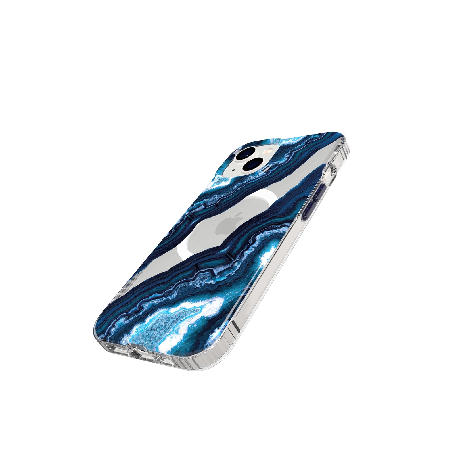 Tilted three-quarter tilted view of back of phone case with phone inside#color_clear-midnight quartz